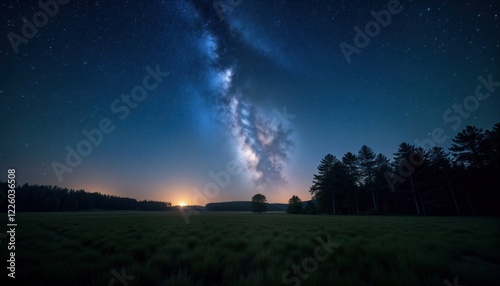 Vast field under night sky filled with stars, Milky Way. Trees form silhouette against horizon. Peaceful, tranquil scene evokes sense of wonder, solitude. Stunning natural beauty, celestial wonder.