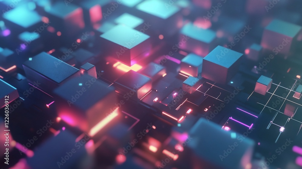 Obraz premium Abstract 3D rendering of interconnected digital cubes with vibrant neon lights