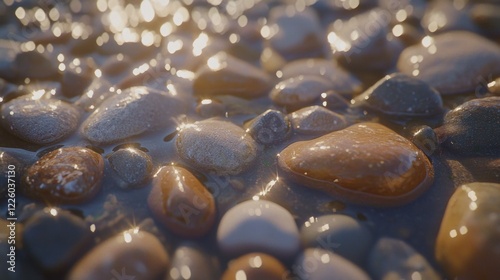 Wet pebbles reflecting sunlight on beach; coastal scene background; nature photography for websites