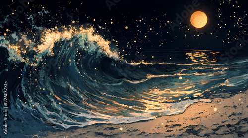 The beach came alive at midnight as the enchanted sand particles shifted and swirled in the moonlit waves. Midnight Wave. Illustration