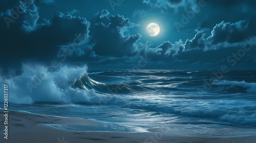 The beach came alive at midnight as the enchanted sand particles shifted and swirled in the moonlit waves. Midnight Wave. Illustration