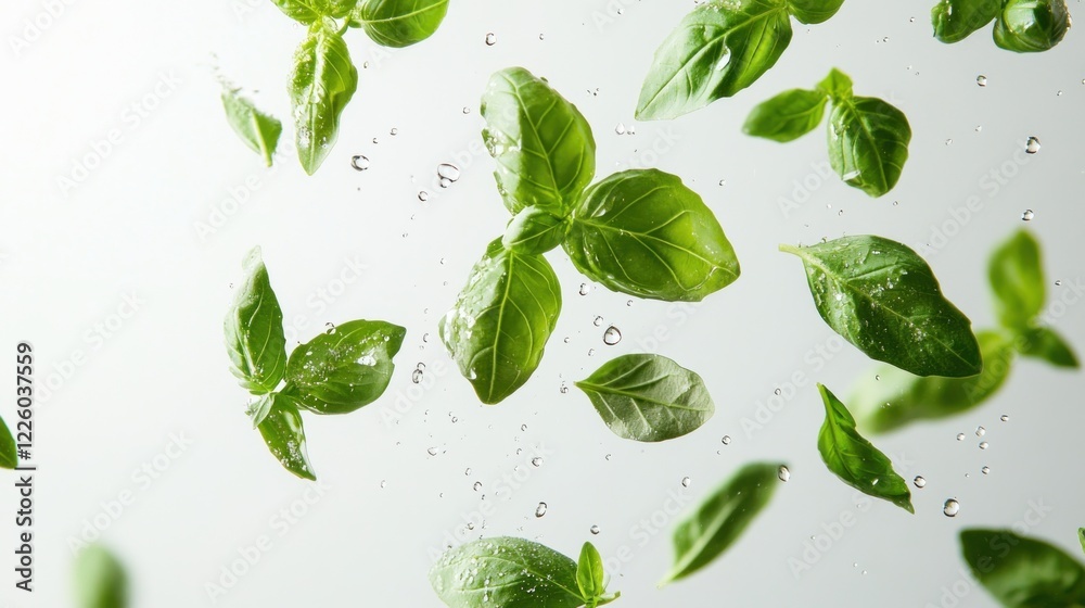 Fresh Basil Leaves Floating with Water Droplets Against a Clean White Backdrop Fresh Basil Leaves Floating with Water Droplets Against a Clean White Backdrop