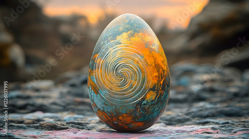 Spiral-patterned egg on rocks at sunset; Easter, nature, art photo