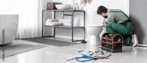 Plumber installing toilet bowl in bathroom