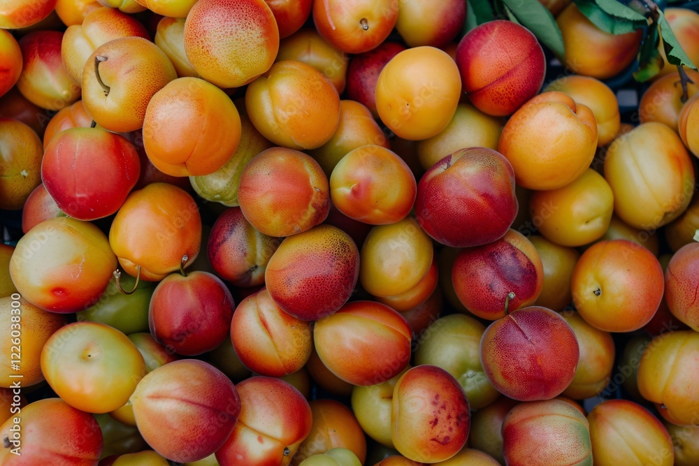 Beautiful display of fresh, vibrant red and orange peaches piled high Beautiful display of fresh, vibrant red and orange peaches piled high