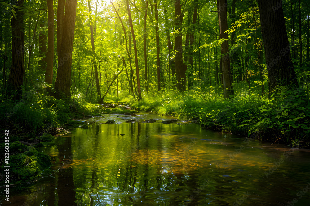 Obraz premium Lush Green Forest with Sun-Dappled Canopy: A Serene Display of Oxygen-Producing Nature’s Vital Role