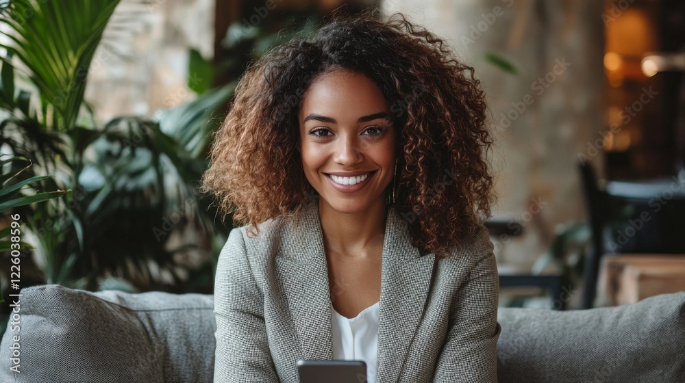 Smiling Woman with Curly Hair Sitting Indoors