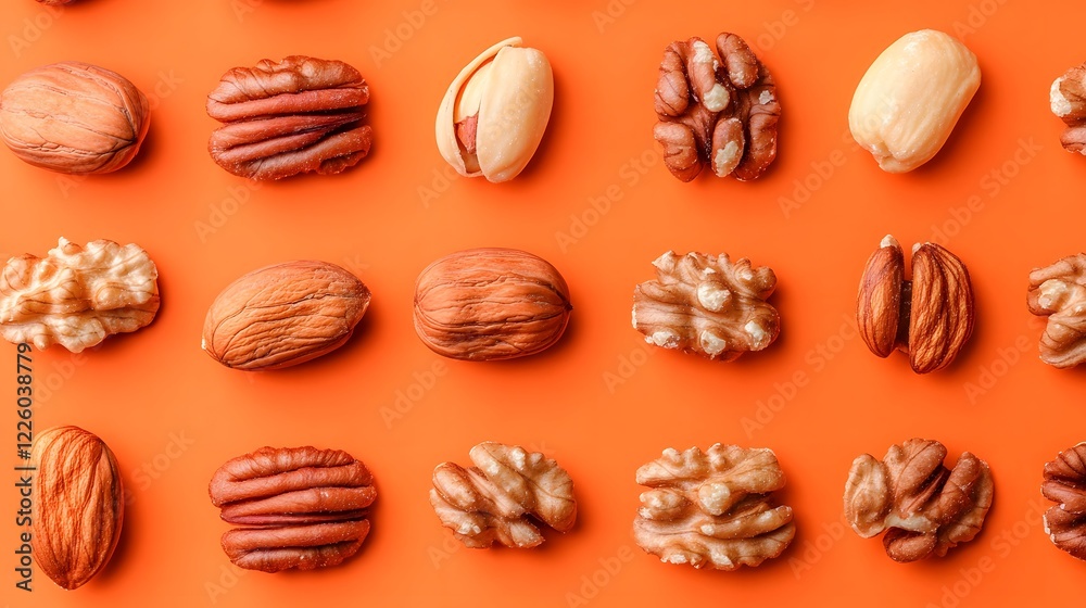 Assorted Nuts Flat Lay Pattern Orange Background Assorted Nuts Flat Lay Pattern Orange Background