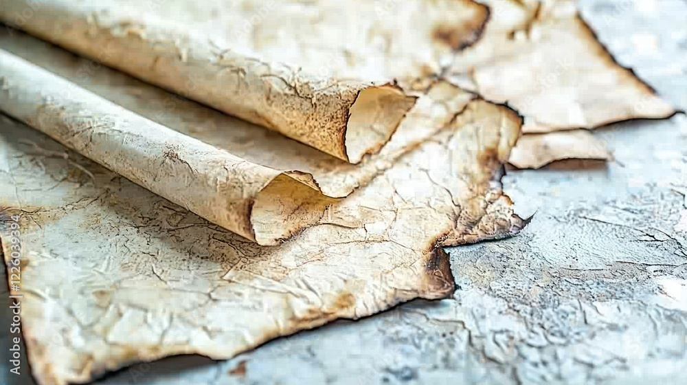 Burnt parchment scrolls on textured surface Burnt parchment scrolls on textured surface