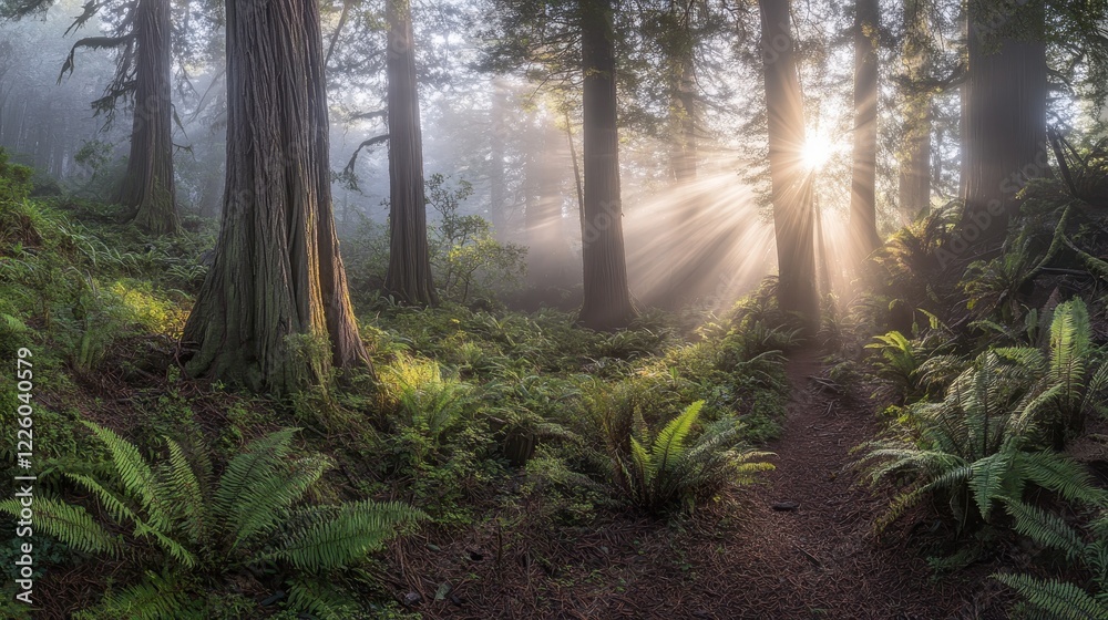 Obraz premium Sunbeams Illuminate a Misty Forest Path