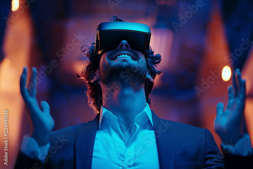 Enthusiastic entrepreneur showcasing virtual reality experience in modern office setting blending innovation and professionalism with a captivating smile. photo