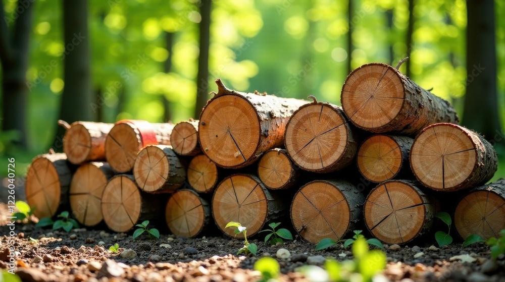 A Stack of Freshly Cut Logs in a Verdant Forest Setting, Basking in the Warm Glow of Sunlight A Stack of Freshly Cut Logs in a Verdant Forest Setting, Basking in the Warm Glow of Sunlight