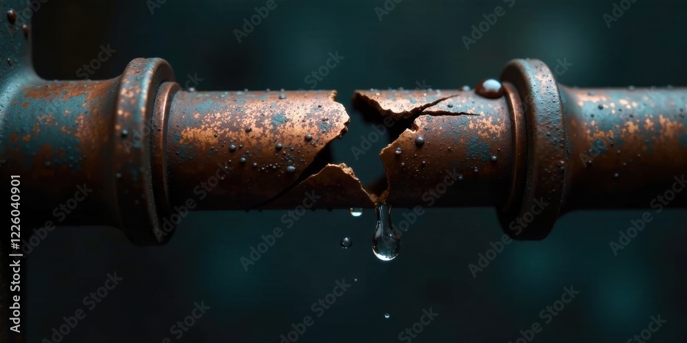 A fractured metallic pipe, corroded and weathered, reveals a slow leak of water droplets; a visual metaphor for infrastructure decay A fractured metallic pipe, corroded and weathered, reveals a slow leak of water droplets; a visual metaphor for infrastructure decay