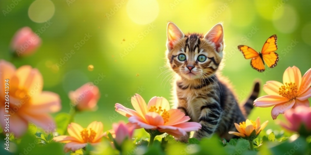 Obraz premium A charming kitten with striking green eyes peacefully rests amidst a vibrant garden of blooming flowers, a delicate butterfly fluttering nearby, creating a picturesque springtime scene.