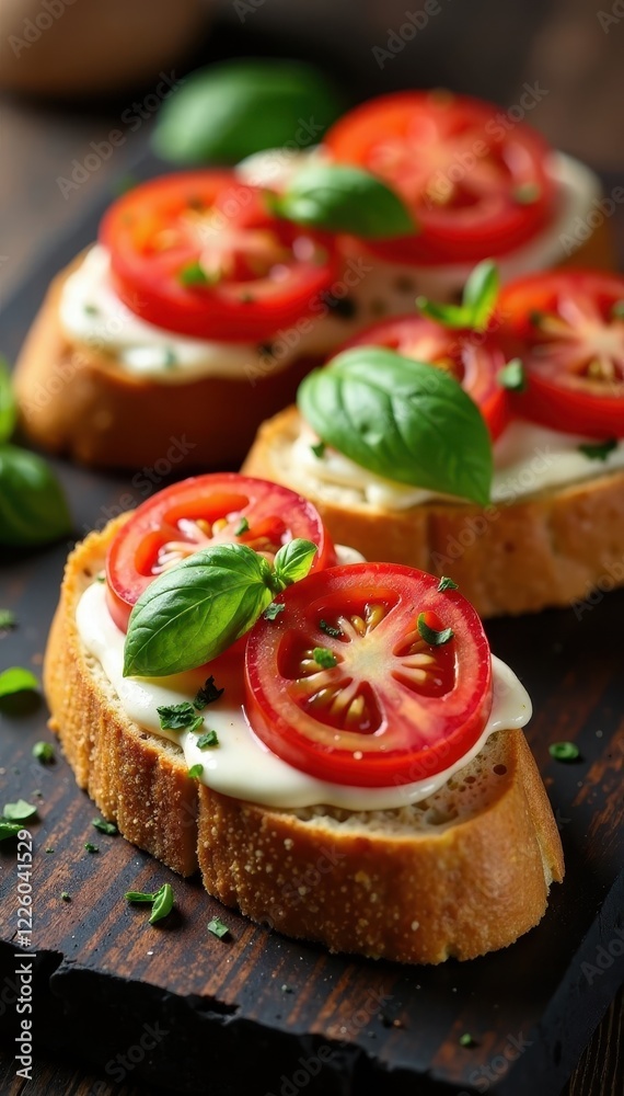 Close-up of rustic Italian bruschetta, ripe tomatoes, basil, snack, garlic Close-up of rustic Italian bruschetta, ripe tomatoes, basil, snack, garlic