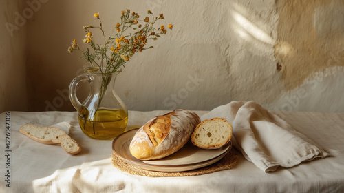 A rustic dining table set for one: handmade pottery plate with artisan bread, olive oil in a glass cruet, dried wildflowers in a vase, textured linen placemat -