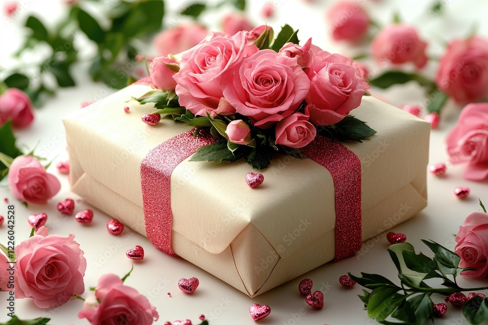 Pink Roses and Cream Gift Box with Sparkling Ribbon Pink Roses and Cream Gift Box with Sparkling Ribbon