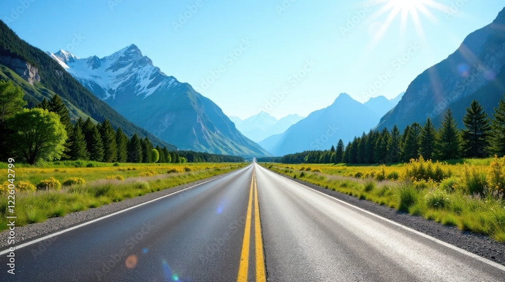 Naklejka premium Asphalt ribbon unwinding through a vibrant valley, flanked by majestic snow-capped mountains under a radiant sun, promising adventure and scenic beauty.