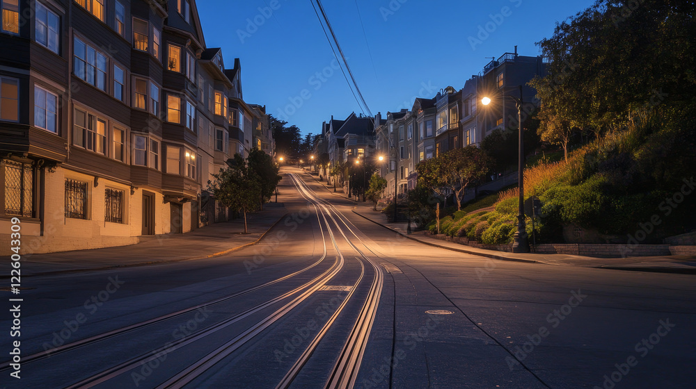 Twilight Ascent: Cable Car Tracks Guiding the Way Twilight Ascent: Cable Car Tracks Guiding the Way