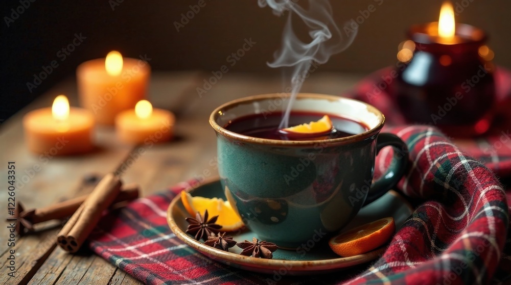 Fototapeta premium Aromatic winter beverage in rustic ceramic cup, steaming, garnished with citrus, nestled amongst warm candlelight and plaid fabric, creating a cozy ambiance.
