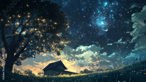 A tranquil night scene featuring a serene house under a starlit sky, with glowing fireflies surrounding a large tree. photo