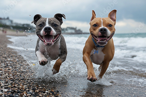 Joyful Moments Two Playful Short-Haired Pit Bull Mixes Frolicking on a Pebbled Beach Embracing Nature's Beauty and Canine Friendship photo