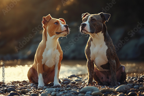 Playful Pit Bull Mix Duo Enjoying a Pebbly Shoreline Adventure Two Short-Haired Pups Embrace Fun in the Sun by the Water's Edge photo