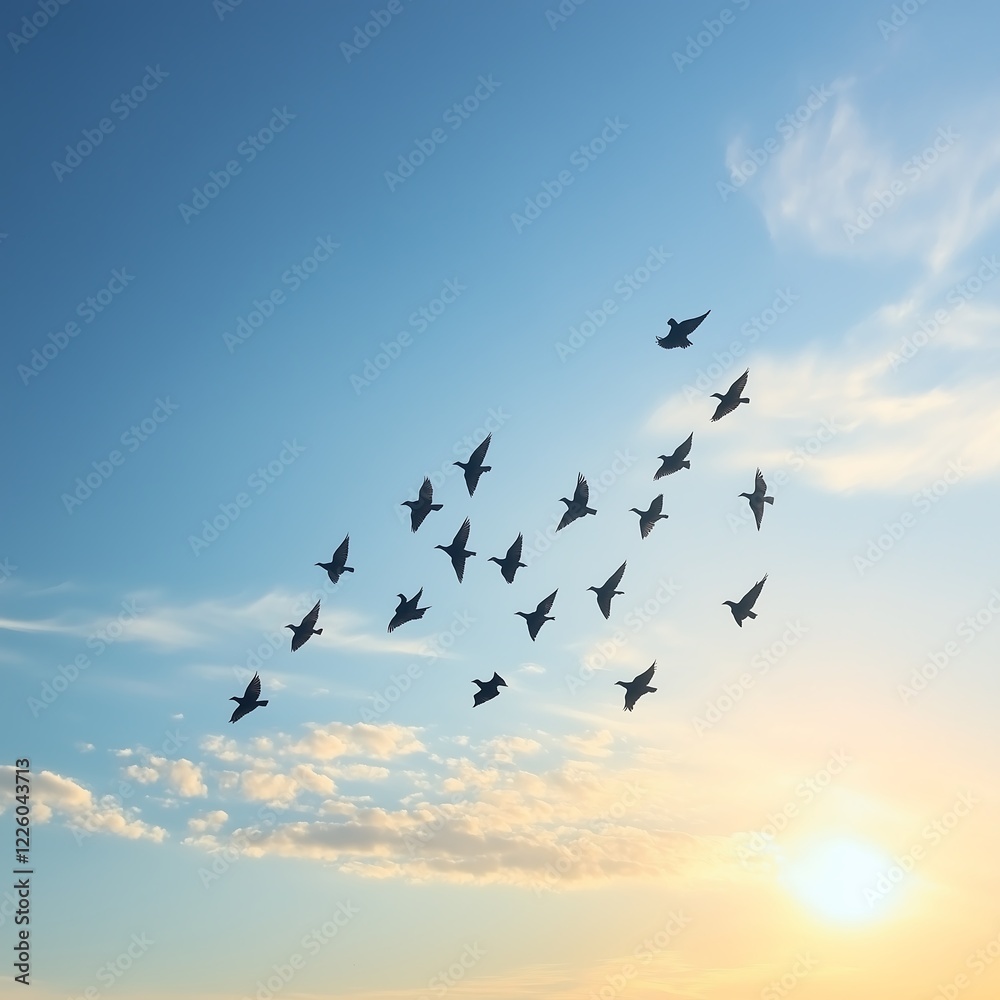 Fototapeta premium Flock of birds in flight against a beautiful sunset sky, creating a stunning natural scene.