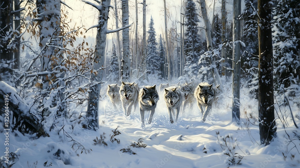 Naklejka premium A pack of six wolves trudges through a snow-covered forest, embodying strength and unity.