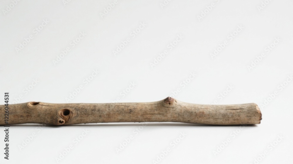 A weathered, light brown, small branch rests on a pristine white background, exhibiting natural textures and subtle knots. A weathered, light brown, small branch rests on a pristine white background, exhibiting natural textures and subtle knots.