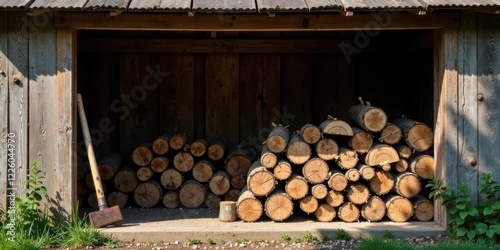 Rustic Wooden Shed Filled with Stacked Firewood and an Old Mauls photo