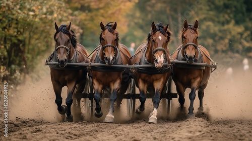 Four stunning brown horses pulling a carriage, racing down a sandy track, showcasing strength and grace.