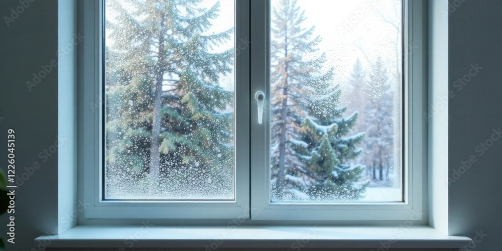 A frosty winter scene viewed through a condensation-covered window pane, showcasing the beauty of a snowy landscape beyond the glass. A frosty winter scene viewed through a condensation-covered window pane, showcasing the beauty of a snowy landscape beyond the glass.