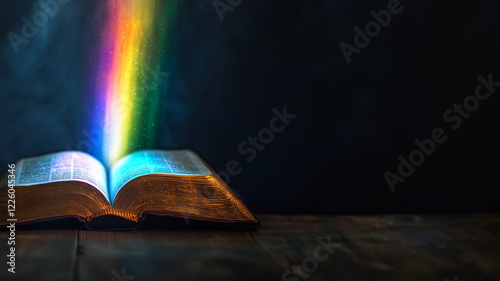 Bible, open with a rainbow emerging from scripture- a miracle or blessing  - Jesus teaching, inspiraiton - Projection for video screen or scripture graphic or powerpoint. photo