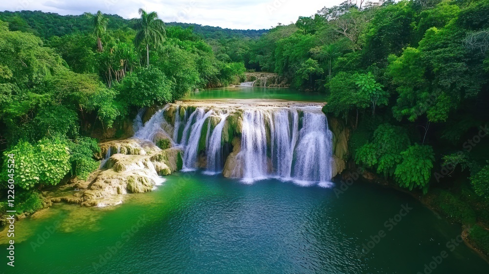 Naklejka premium Breathtaking cascading waterfalls flowing into a serene turquoise pool in the lush jungle