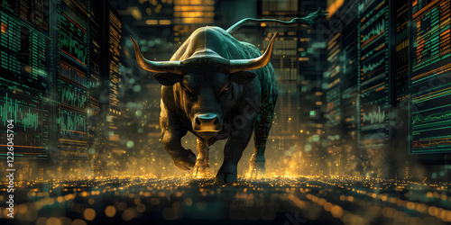 Stock market bull trading up, bullish. Symbolizing rising stock market, uptrend. Green colored. Abstract, modern concept of wall street business, bull market trader, crypto currency trading.