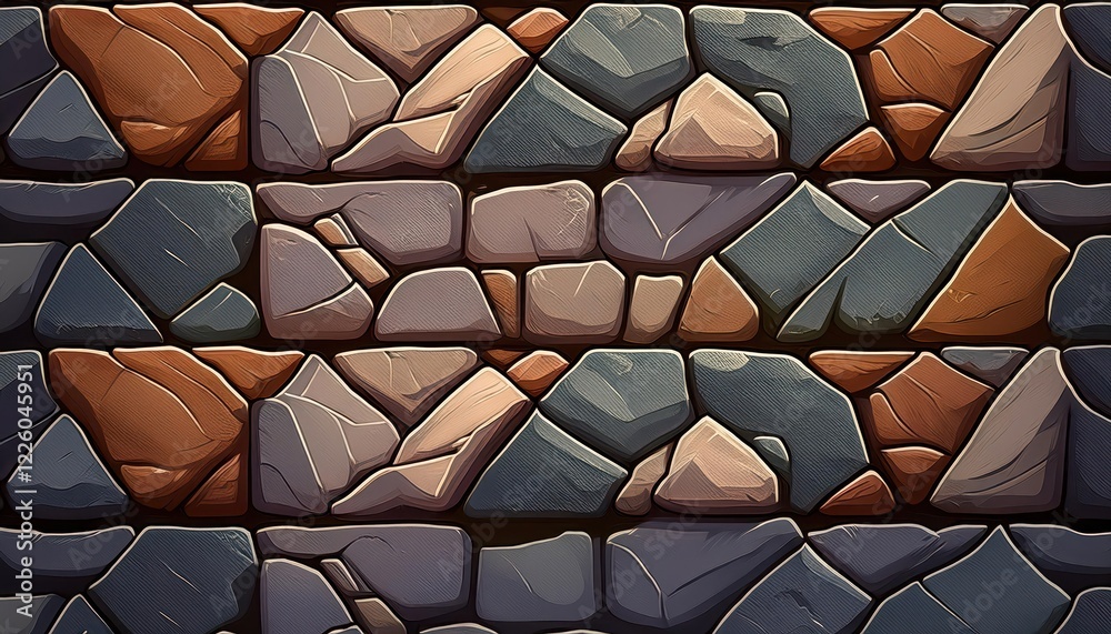 Vibrant Cartoon Seamless Stone Wall Pattern for D Game Art, Evoking a Mystical, Ancient Landscape with Rich Textures and Earthy Colors Vibrant Cartoon Seamless Stone Wall Pattern for D Game Art, Evoking a Mystical, Ancient Landscape with Rich Textures and Earthy Colors