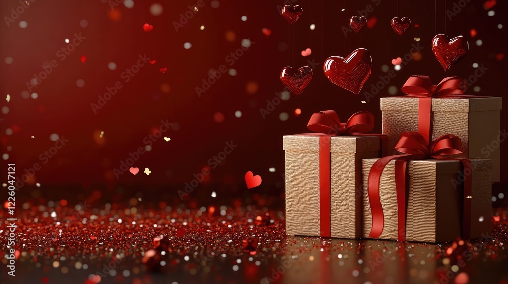 Red and Gold Gifts with Falling Hearts on Dark Background Red and Gold Gifts with Falling Hearts on Dark Background