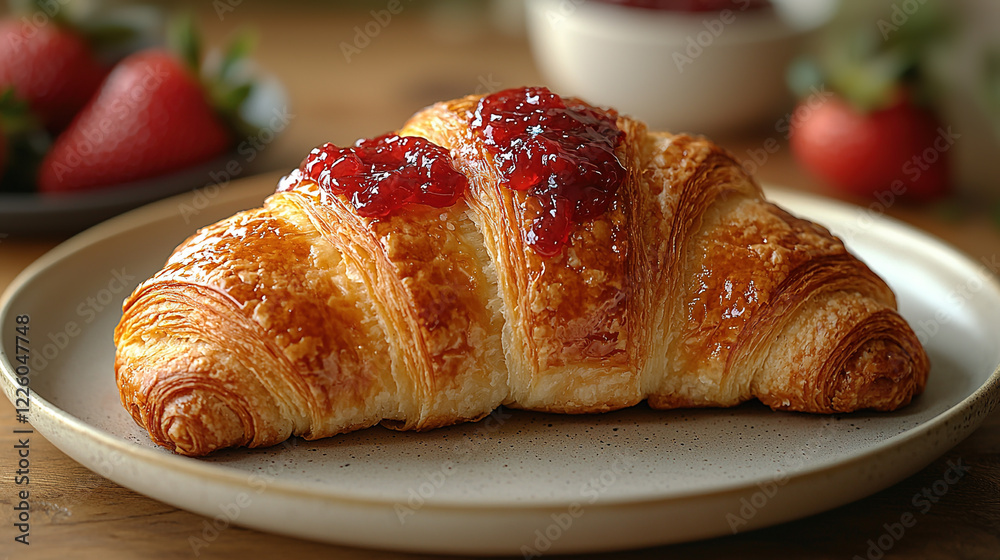 Fresh croissant with strawberry jam on a plate, soft lighting, clean minimalist background in food photography
Fresh croissant with strawberry jam on a plate, soft lighting, clean minimalist background in food photography