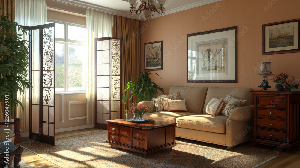 Fototapeta premium Serene Simplicity: A Cozy Living Room with Timeless Elegance