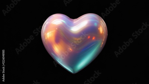 Iridescent heart-shaped bubble glowing against a black background