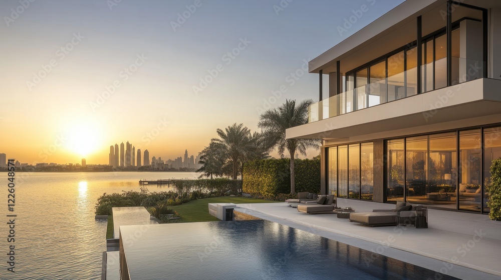 Obraz premium A luxurious modern house with a spacious garden, featuring contemporary architecture, with the sun setting over the horizon.
