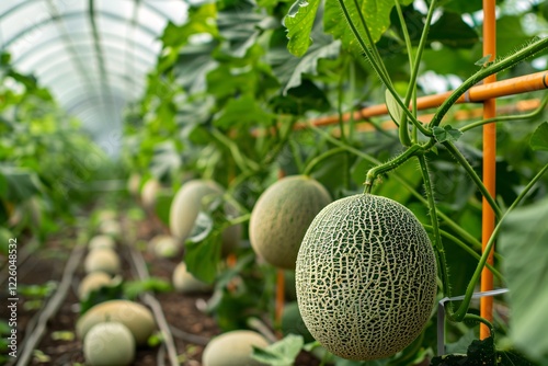 Cantaloupe melons thrive in a greenhouse with trellis support