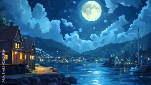 Serene nightscape: harbor moonlit village. Moonlit Harbor. Illustration