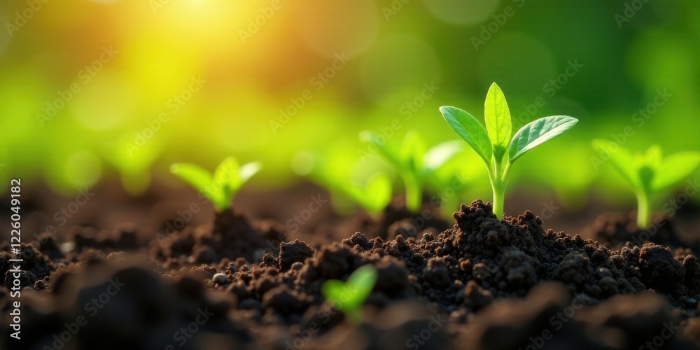 New seedlings emerge from rich soil, bathed in the warm glow of morning sunlight, symbolizing growth, renewal, and the promise of a bountiful harvest. New seedlings emerge from rich soil, bathed in the warm glow of morning sunlight, symbolizing growth, renewal, and the promise of a bountiful harvest.