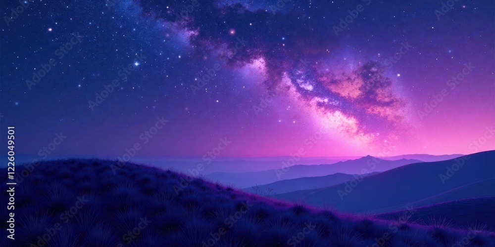 Serene Nightscape  Vast expanse of purple twilight sky, studded with countless stars and a majestic Milky Way, overlooking rolling hills covered in soft, purple grass.