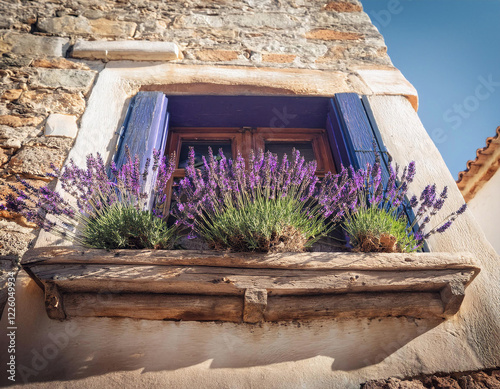 A terracotta planter filled with vibrant purple lavender adorns a rustic stone window sill in a traditional Aegean Turkish house. photo