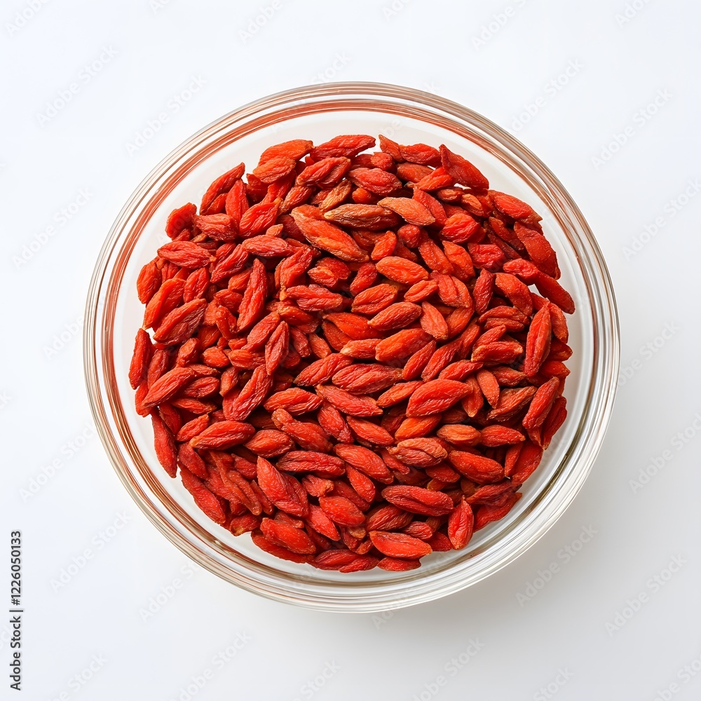 Dried Goji Berries in Glass Bowl Top View Dried Goji Berries in Glass Bowl Top View