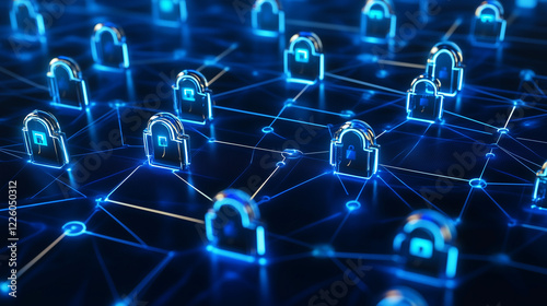 Glowing Network Nodes and Connections Representing Digital Security in a Blue and White Theme