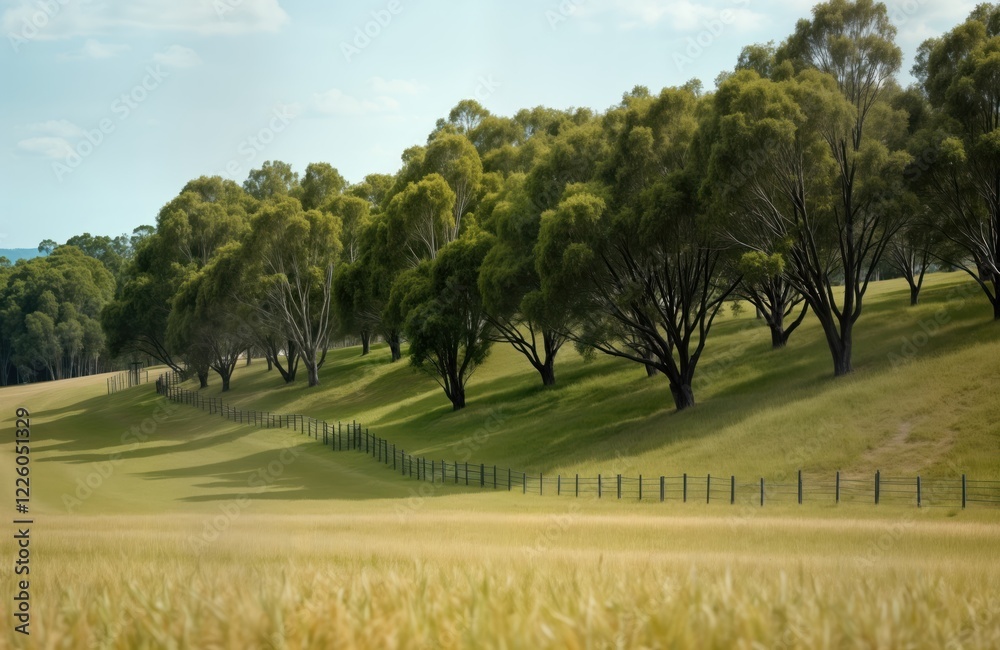 Green trees line gentle slope on farm in Australia. Dark metal fence runs along top of slope. Tall grass fills foreground. Sunlight filters through leaves creating soft shadows on ground. Picturesque Green trees line gentle slope on farm in Australia. Dark metal fence runs along top of slope. Tall grass fills foreground. Sunlight filters through leaves creating soft shadows on ground. Picturesque